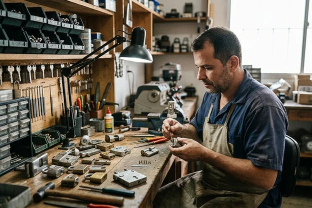Profissional analisando diferentes modelos de fechaduras.