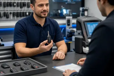 Profissional confeccionando chaves codificadas com máquina especializada.