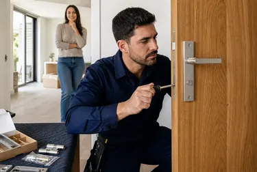 Profissional instalando uma nova fechadura em uma porta.